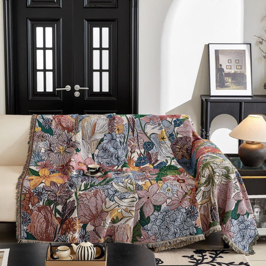 复古花卉编织沙发毯，波西米亚艺术多彩花卉图案带流苏，客厅装饰沙发罩