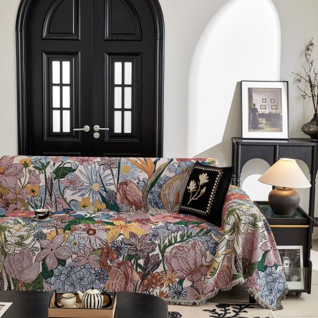 复古花卉编织沙发毯，波西米亚艺术多彩花卉图案带流苏，客厅装饰沙发罩