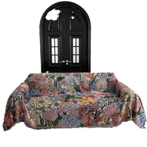 Vintage floral woven sofa throw, Bohemian art colorful floral pattern with fringes, living room decorative sofa cover
