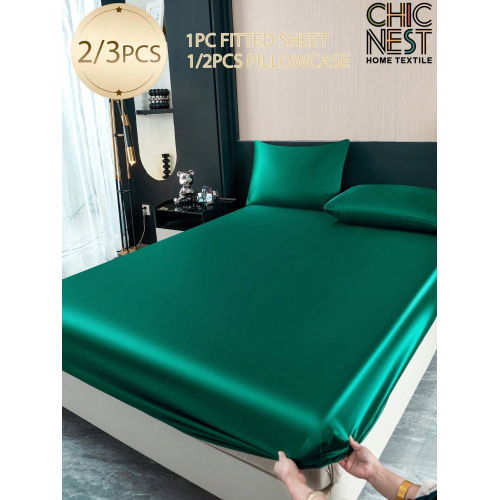 2/3pcs Black Satin Fitted Sheet Set – Silky Soft 11.8" Deep Pocket Bedding (1 Sheet + 1/2 Pillowcases)