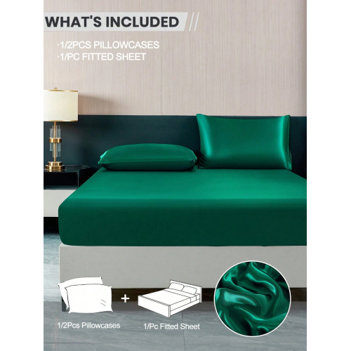 2/3pcs Black Satin Fitted Sheet Set – Silky Soft 11.8" Deep Pocket Bedding (1 Sheet + 1/2 Pillowcases)