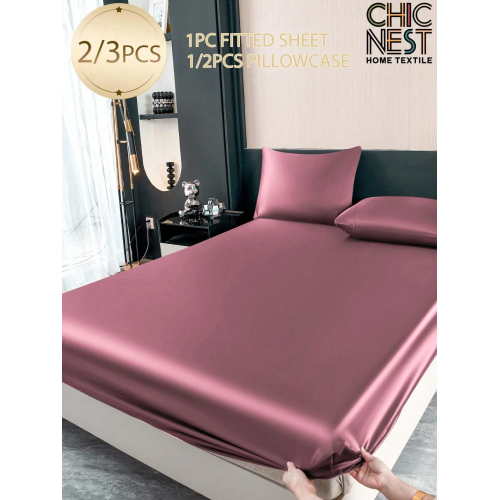 2/3pcs Black Satin Fitted Sheet Set – Silky Soft 11.8" Deep Pocket Bedding (1 Sheet + 1/2 Pillowcases)