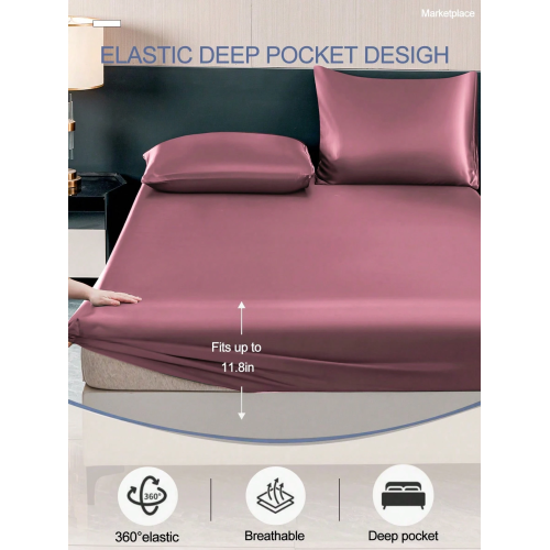 2/3pcs Black Satin Fitted Sheet Set – Silky Soft 11.8" Deep Pocket Bedding (1 Sheet + 1/2 Pillowcases)