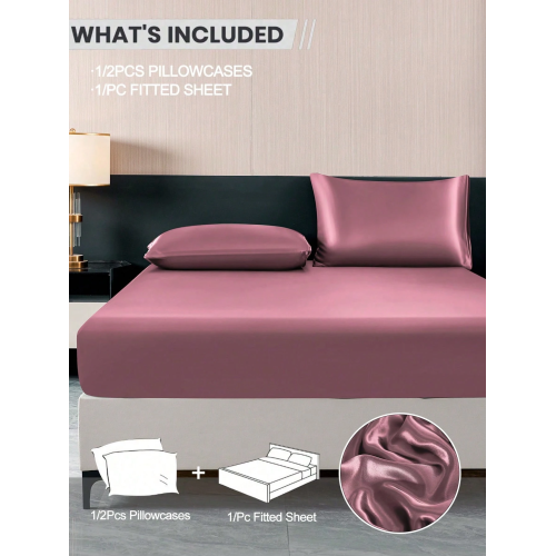 2/3pcs Black Satin Fitted Sheet Set – Silky Soft 11.8" Deep Pocket Bedding (1 Sheet + 1/2 Pillowcases)