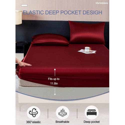 2/3pcs Black Satin Fitted Sheet Set – Silky Soft 11.8" Deep Pocket Bedding (1 Sheet + 1/2 Pillowcases)