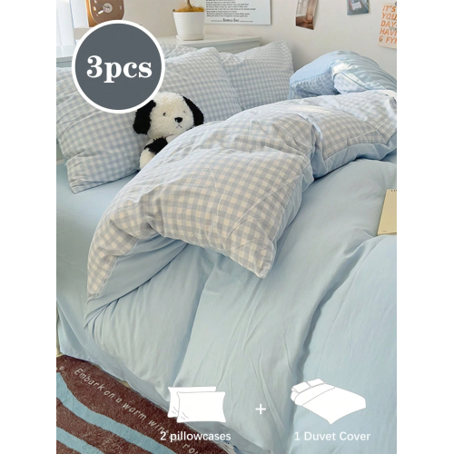 Sky Blue Plaid Duvet Cover Set - Twin/Queen/King 3pc Bedding