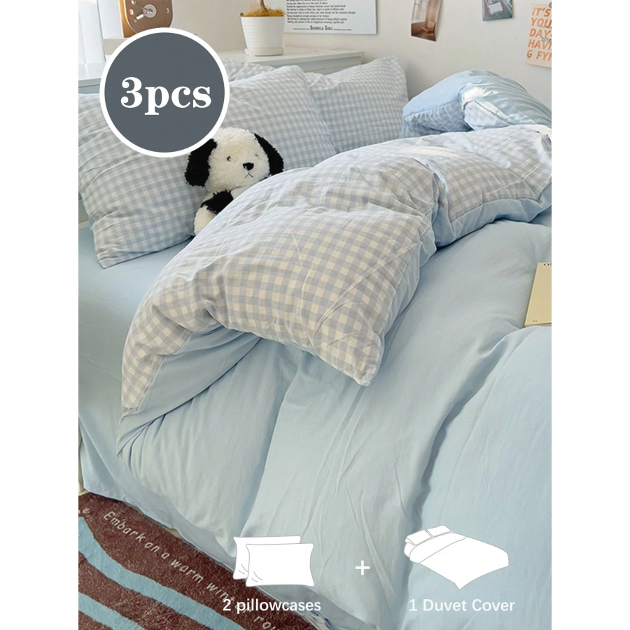 Sky Blue Plaid Duvet Cover Set - Twin/Queen/King 3pc Bedding