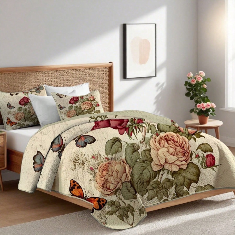 Red Peony Print Quilt Set - 2/3pc Bedding with Pillowcases