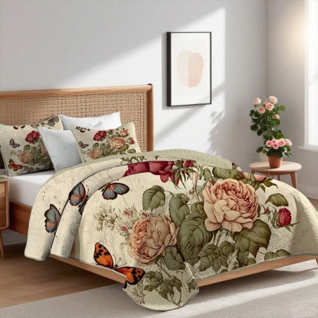 Red Peony Print Quilt Set - 2/3pc Bedding with Pillowcases