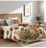 Red Peony Print Quilt Set - 2/3pc Bedding with Pillowcases