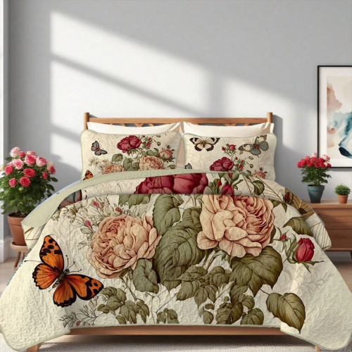 Red Peony Print Quilt Set - 2/3pc Bedding with Pillowcases