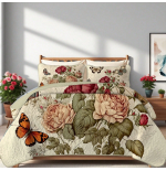 Red Peony Print Quilt Set - 2/3pc Bedding with Pillowcases