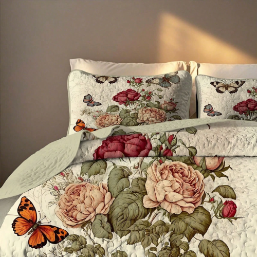 Red Peony Print Quilt Set - 2/3pc Bedding with Pillowcases