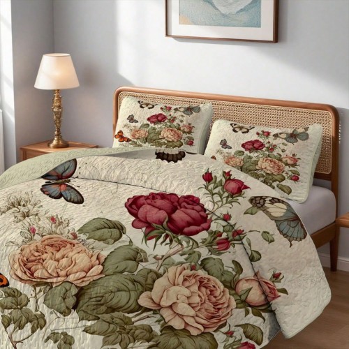 Red Peony Print Quilt Set - 2/3pc Bedding with Pillowcases