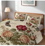 Red Peony Print Quilt Set - 2/3pc Bedding with Pillowcases