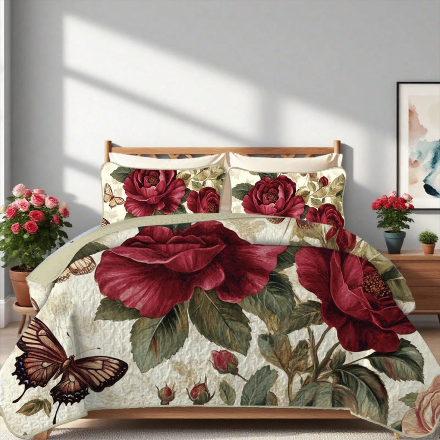Butterfly Flower Quilt Set - 2/3pc Summer Bedding with Pillowcases