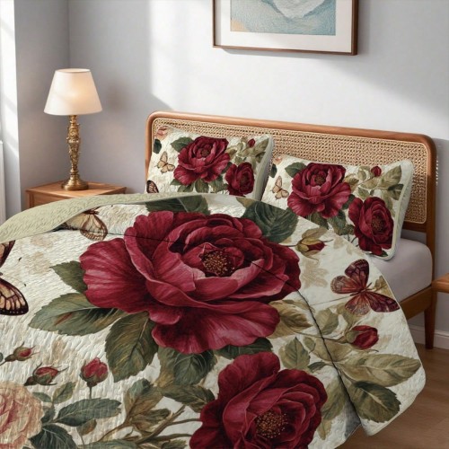 Butterfly Flower Quilt Set - 2/3pc Summer Bedding with Pillowcases