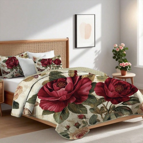 Butterfly Flower Quilt Set - 2/3pc Summer Bedding with Pillowcases