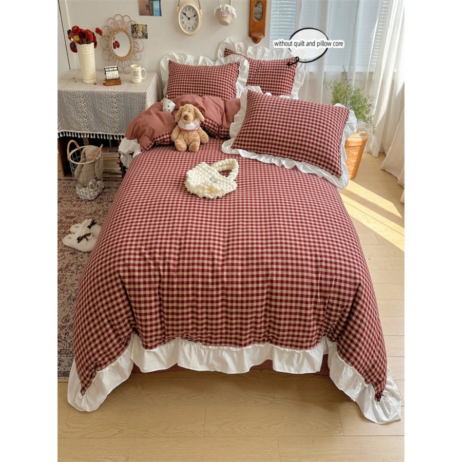 3-Piece Plaid Floral Bedding Set - All-Season Duvet Cover & Pillowcases