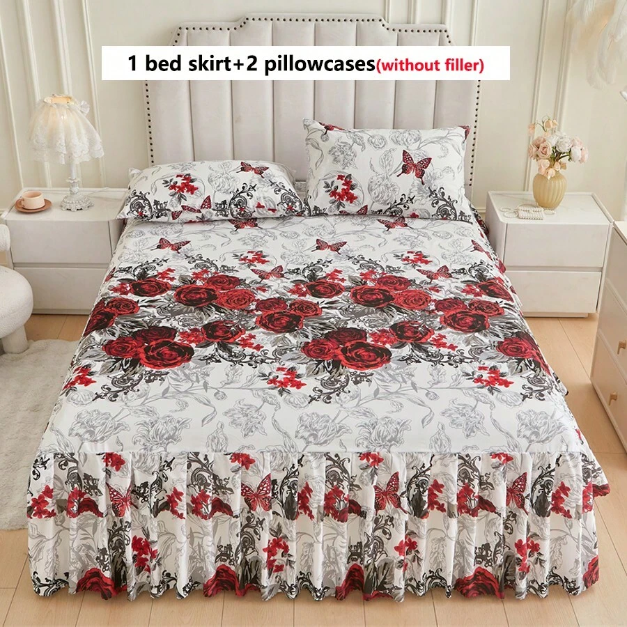 3-Piece Floral Bed Skirt Set with Pillowcases - All Seasons