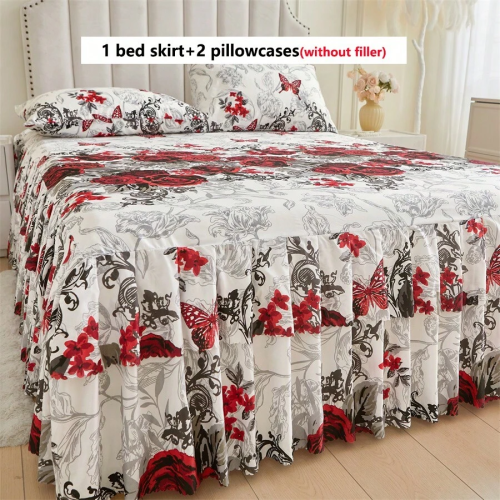 3-Piece Floral Bed Skirt Set with Pillowcases - All Seasons