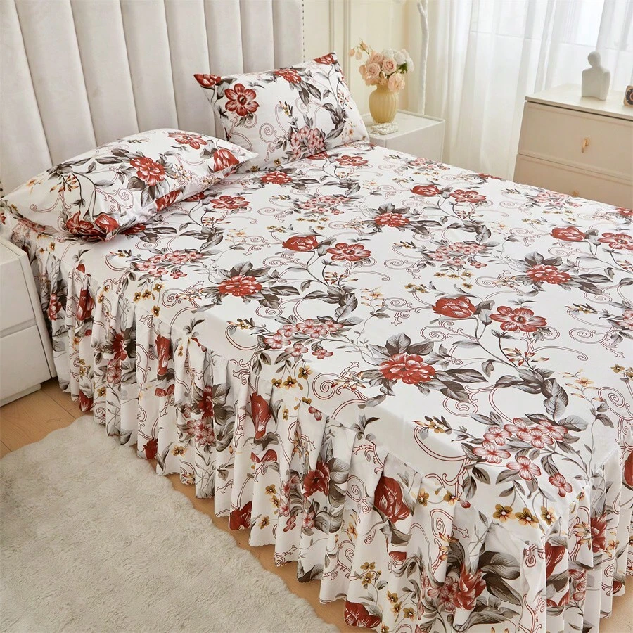 3-Piece Floral Bed Skirt Set with Pillowcases - All Seasons