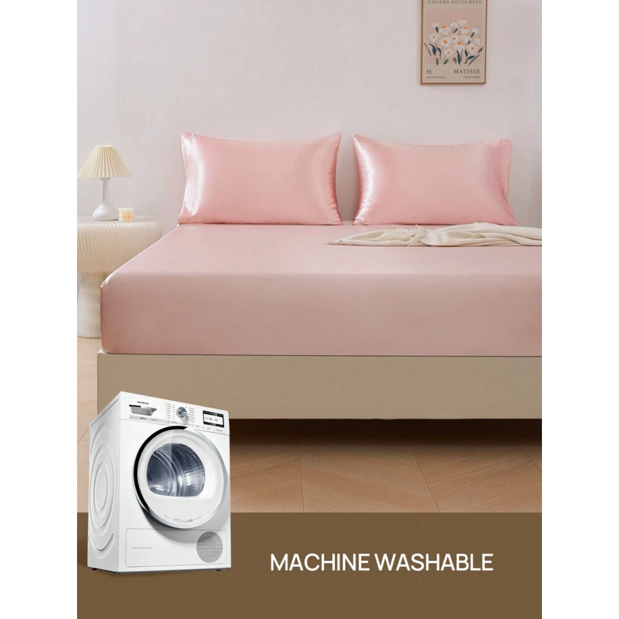 Light Pink Silky Satin Fitted Sheet - Deep Pocket 15-17"