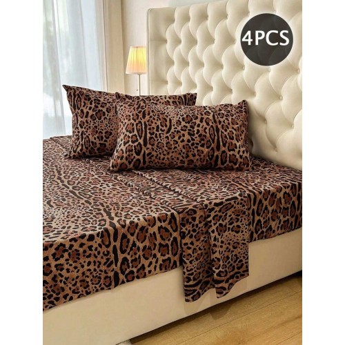 Leopard Print Bedding Set - 4-Piece Polyester Sheets & Pillowcases