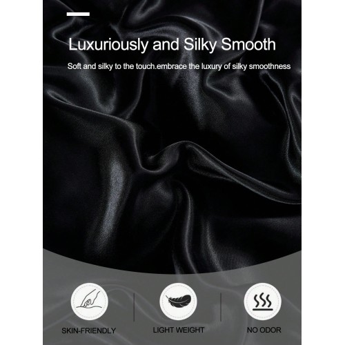 Black Satin Bed Sheet Set - Silky Soft, Deep Pocket 11.8"