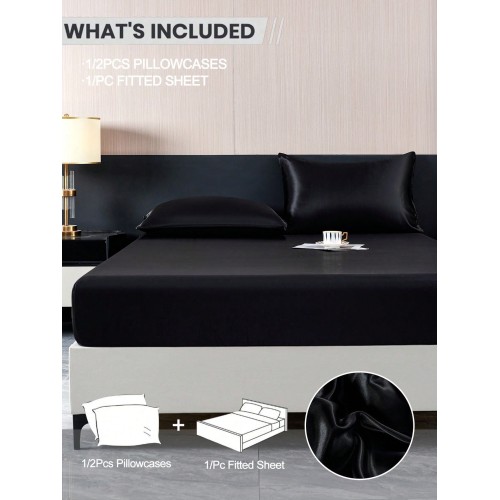 Black Satin Bed Sheet Set - Silky Soft, Deep Pocket 11.8"