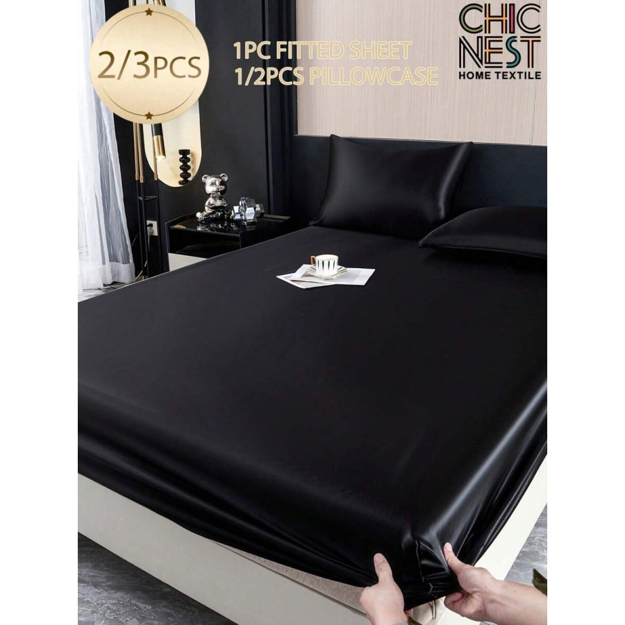 Black Satin Bed Sheet Set - Silky Soft, Deep Pocket 11.8"