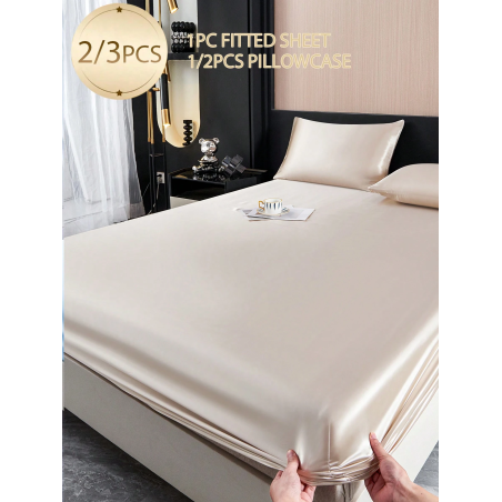 Silky Satin Bedding Set - 2/3pc Khaki Sheets & Pillowcases