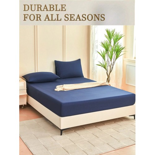 Navy Blue Fitted Sheet & Mattress Protector - Soft, Breathable, Deep Pocket (11.8") for Twin, Full, Queen, King Beds