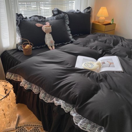 MOOWOO Pink Ruffle Lace Duvet Cover Set - 2 Piece Twin Bedding