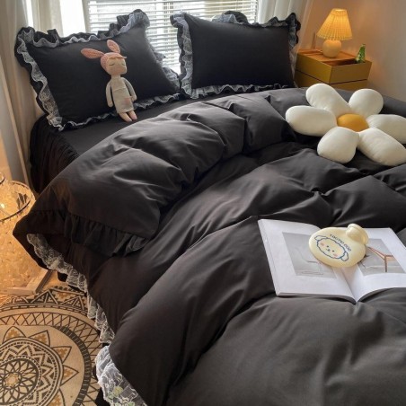 MOOWOO Pink Ruffle Lace Duvet Cover Set - 2 Piece Twin Bedding