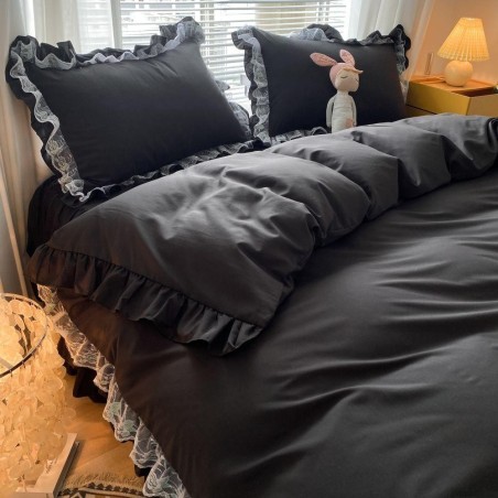 MOOWOO Pink Ruffle Lace Duvet Cover Set - 2 Piece Twin Bedding