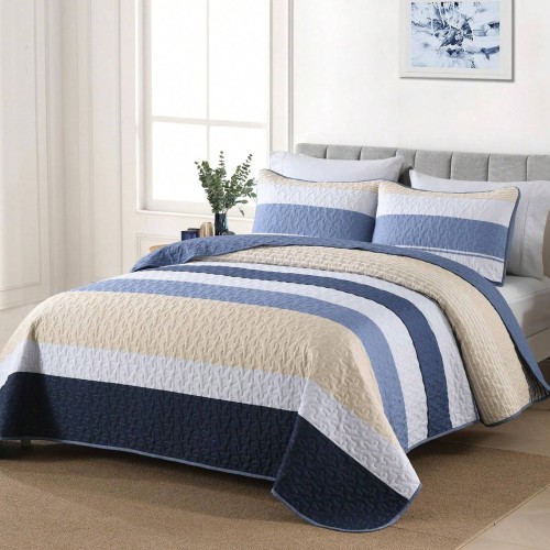 Blue Striped Quilt Set - Lightweight Microfiber Bedding