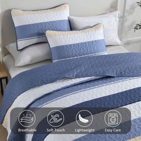 Blue Striped Quilt Set - Lightweight Microfiber Bedding