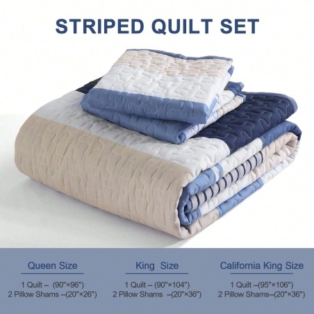 Blue Striped Quilt Set - Lightweight Microfiber Bedding